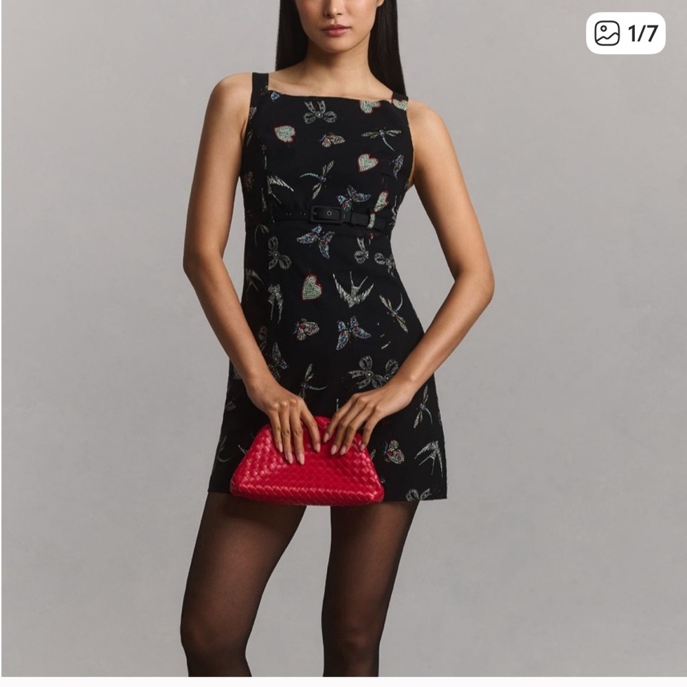 Anthropologie Sleeveless Boatneck Hearts Bows belted mini dress size 12 black